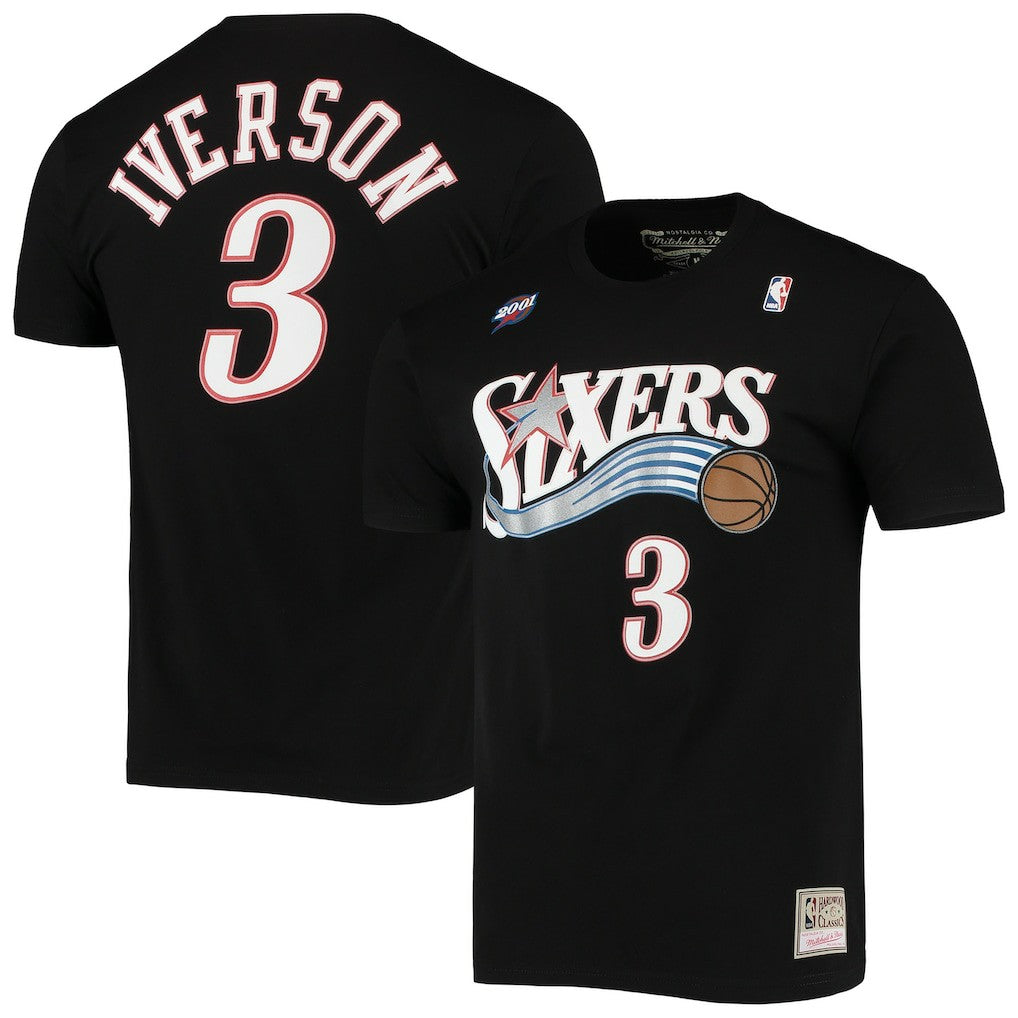 Allen Iverson Philadelphia 76ers Hardwood Classics Stitch Name & Number T-Shirt for sale Black | Mitchell & Ness for sale