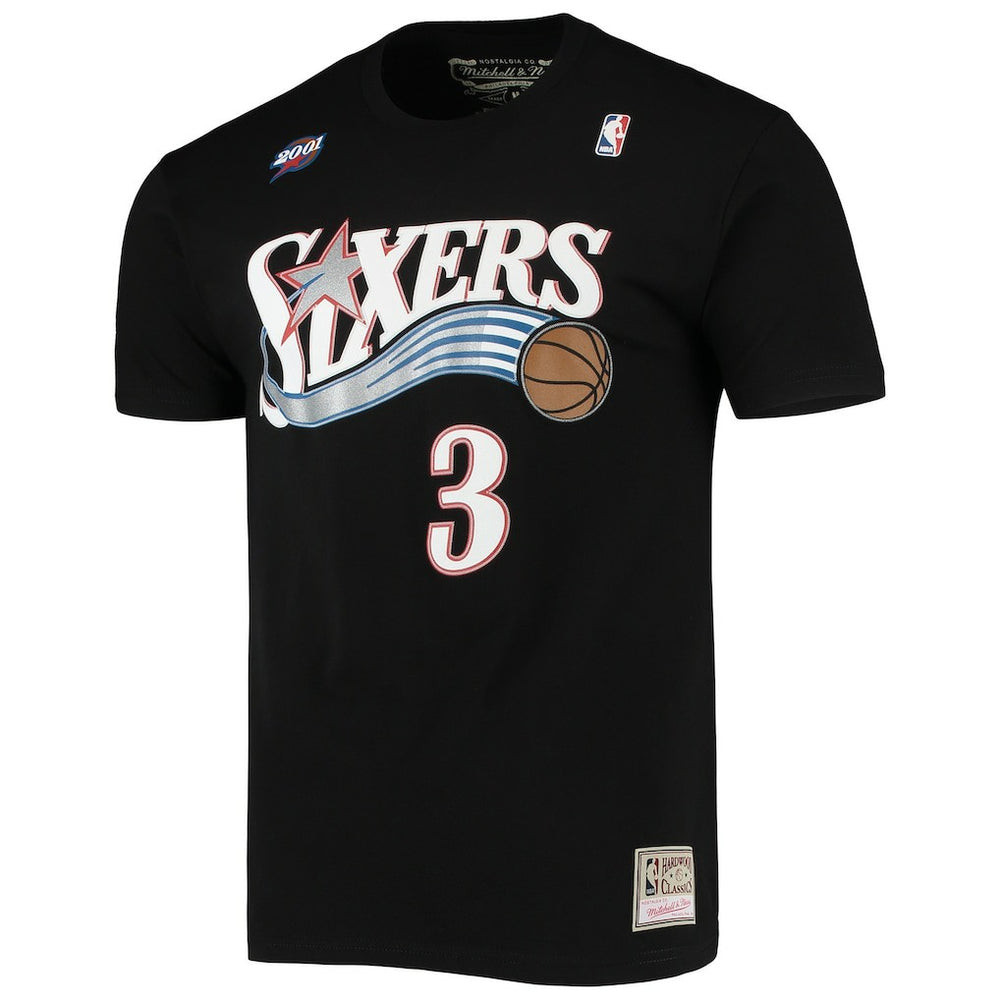 Allen Iverson Philadelphia 76ers Hardwood Classics Stitch Name & Number T-Shirt for sale Black | Mitchell & Ness for sale