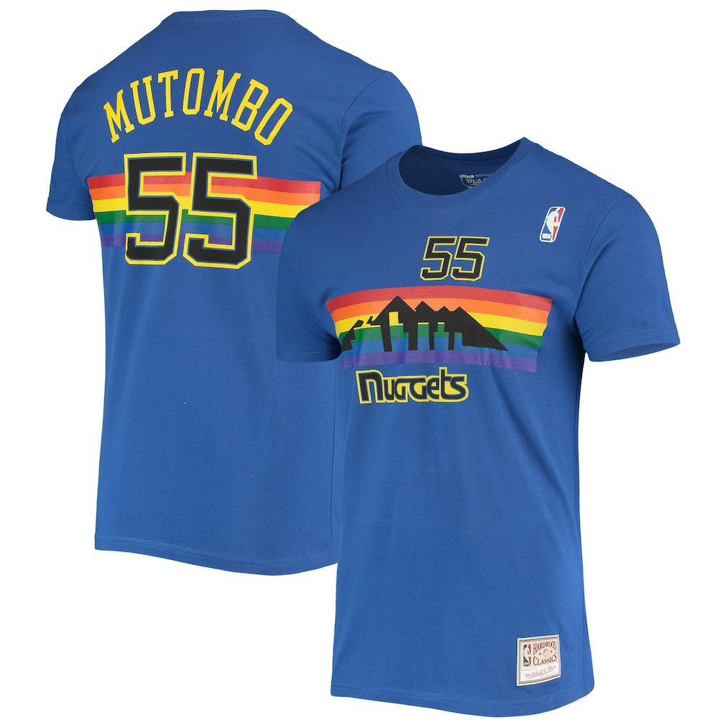 Dikembe Mutombo Denver Nuggets Hardwood Classics Stitch Name & Number T-Shirt for sale Royal | Mitchell & Ness