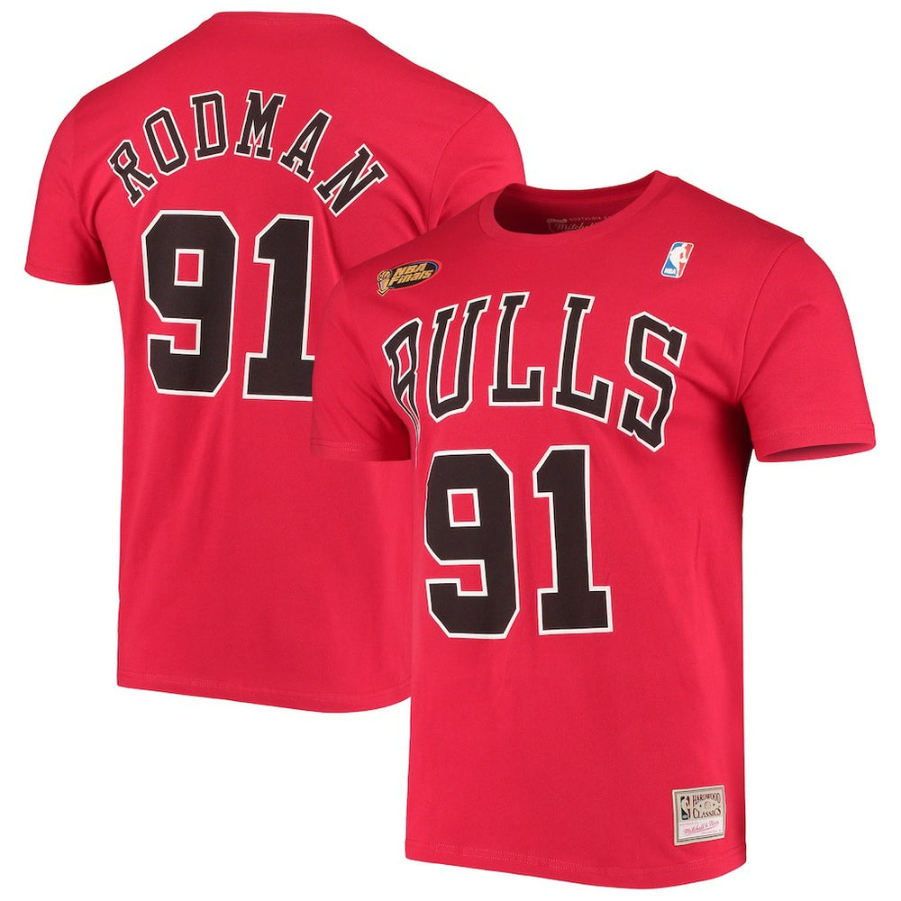 Dennis Rodman Chicago Bulls Hardwood Classics Stitch Name & Number T-Shirt for sale Red | Mitchell & Ness for sale