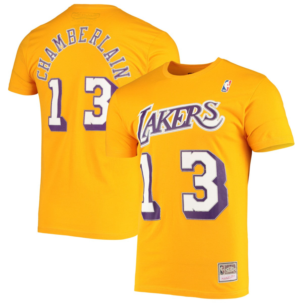 Wilt Chamberlain Los Angeles Lakers Hardwood Classics Stitch Name & Number T-Shirt Gold | Mitchell & Ness Lifestyle