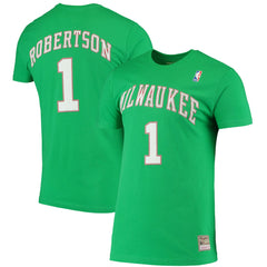 Oscar Robertson Milwaukee Bucks Hardwood Classics Stitch Name & Number T-Shirt Green | Mitchell & Ness