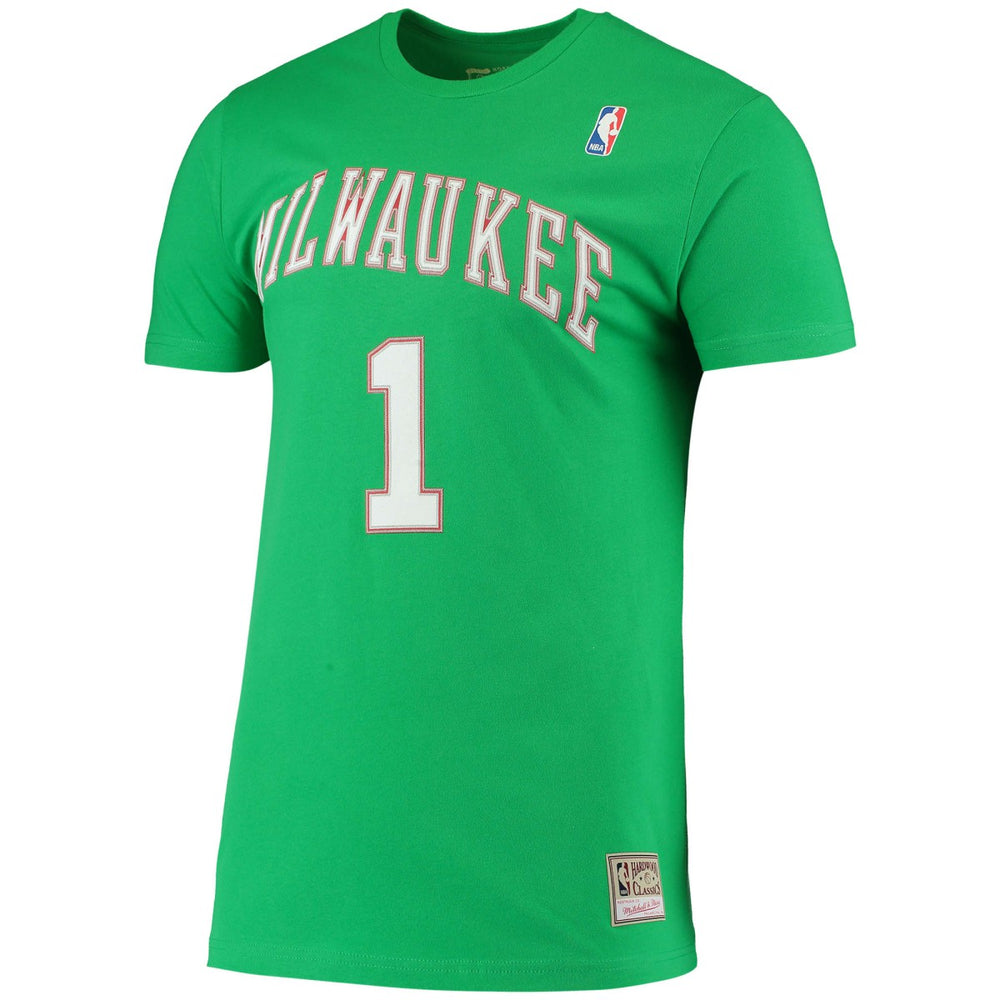 Oscar Robertson Milwaukee Bucks Hardwood Classics Stitch Name & Number T-Shirt Green | Mitchell & Ness