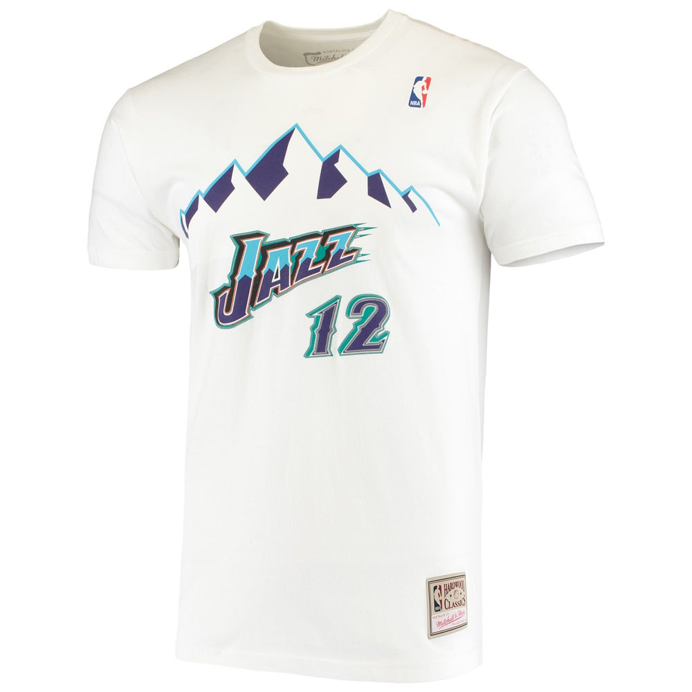 John Stockton Utah Jazz Hardwood Classics Stitch Name & Number T-Shirt White | Mitchell & Ness discount