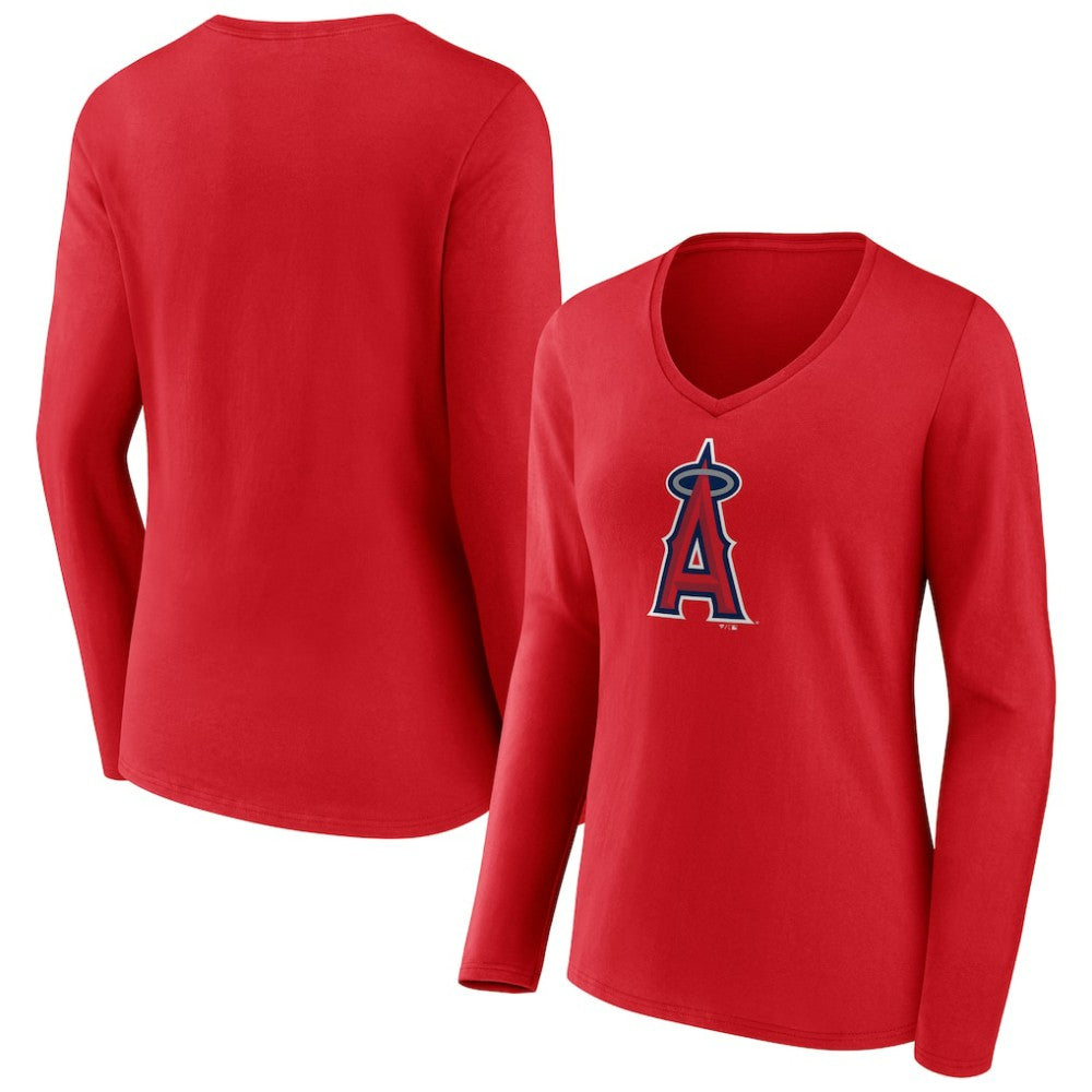 Los Angeles Angels Women's Official Logo Long Sleeve V-Neck T-Shirt - Red - MLB on Sale