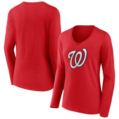 Washington Nationals Women's Official Logo Long Sleeve V-Neck T-Shirt - Red - MLB Discount