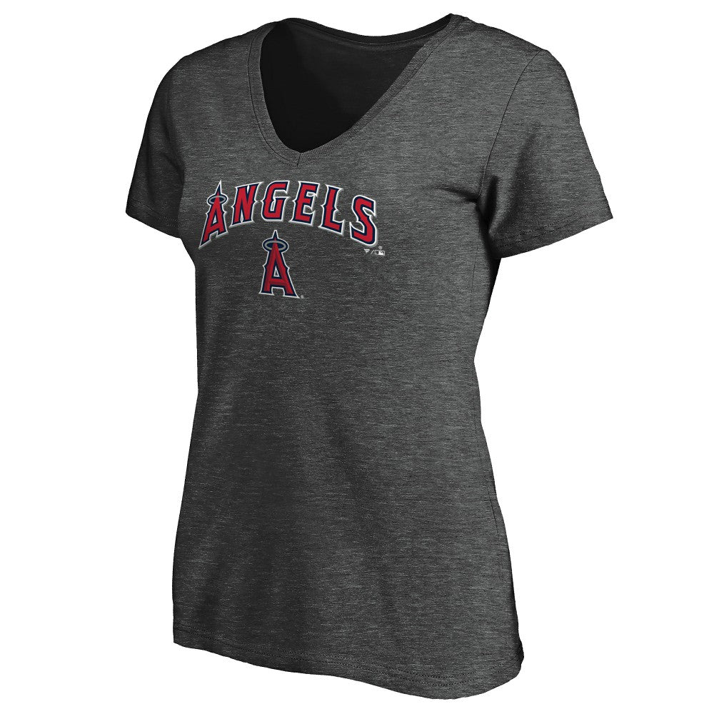 Los Angeles Angels Fanatics Women's Team Logo Lockup V-Neck T-Shirt - Heathered Charcoal - Fanatics on Sale