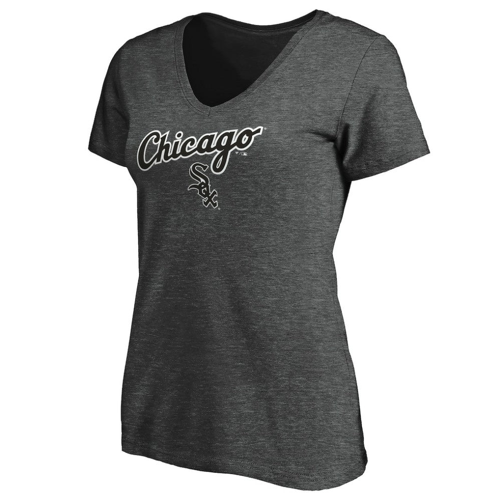 Chicago White Sox Fanatics Women's Team Logo Lockup V-Neck T-Shirt - Heathered Charcoal - Fanatics Lifestyle