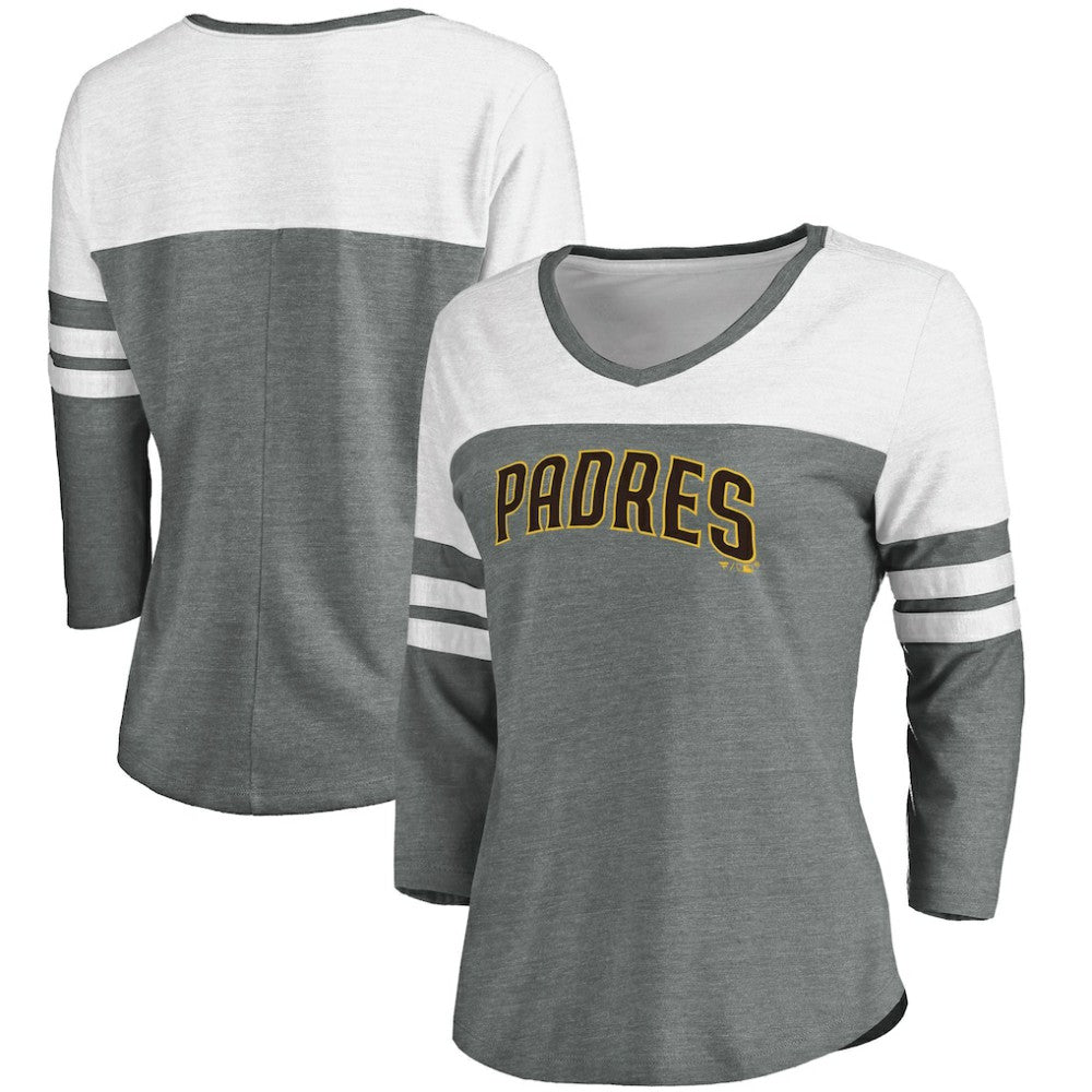 San Diego Padres Fanatics Women's Official Wordmark 3/4 Sleeve V-Neck T-Shirt - Heathered Gray/White - Fanatics on Sale