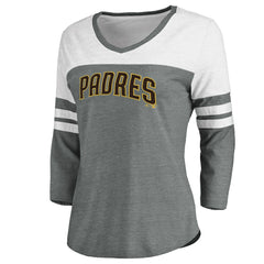 San Diego Padres Fanatics Women's Official Wordmark 3/4 Sleeve V-Neck T-Shirt - Heathered Gray/White - Fanatics on Sale