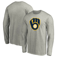 Milwaukee Brewers Official Team Logo Long Sleeve T-Shirt - Heather Gray - MLB Discount