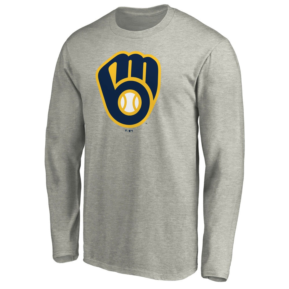 Milwaukee Brewers Official Team Logo Long Sleeve T-Shirt - Heather Gray - MLB Discount