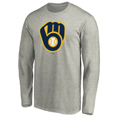 Milwaukee Brewers Official Team Logo Long Sleeve T-Shirt - Heather Gray - MLB Discount