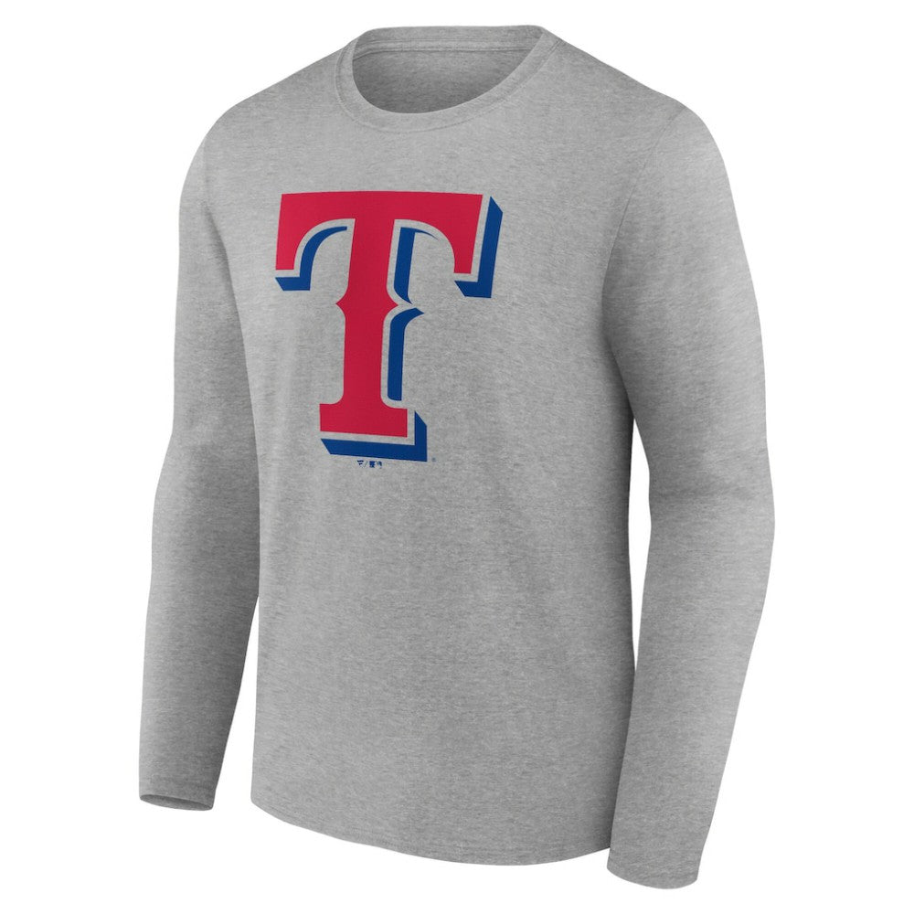Texas Rangers Official Team Logo Long Sleeve T-Shirt - Heather Gray - MLB Lifestyle