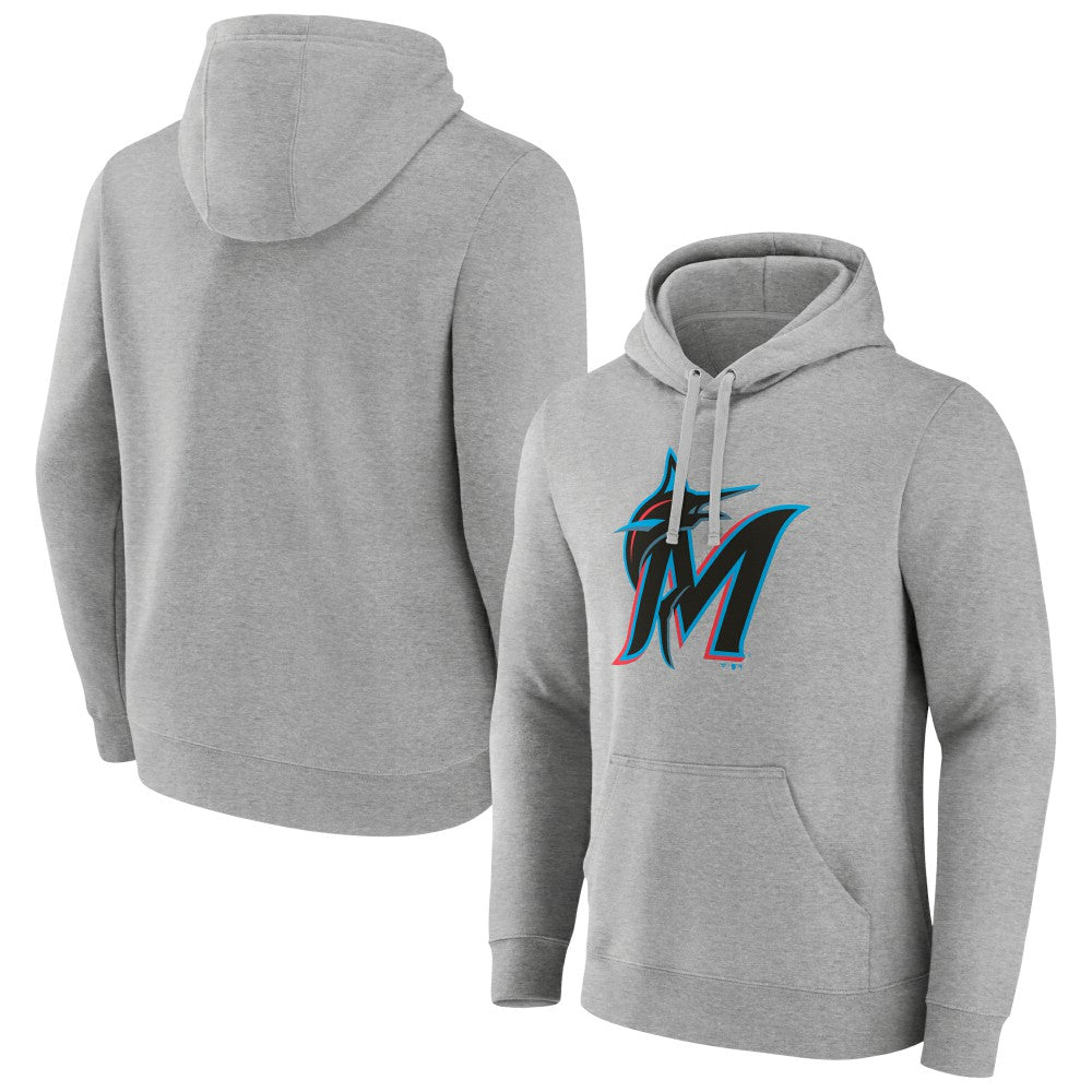 Miami Marlins Official Logo Fitted Pullover Hoodie - Heather Gray - MLB on Sale