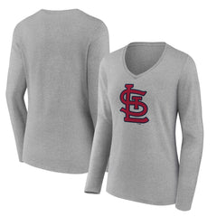 St. Louis Cardinals Women's Core Official Logo Long Sleeve V-Neck T-Shirt - Heather Gray - MLB Lifestyle