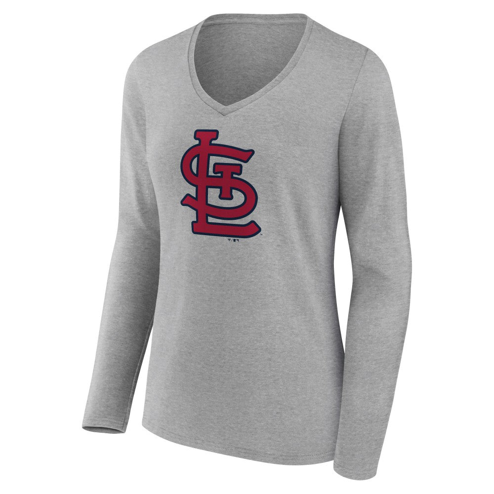 St. Louis Cardinals Women's Core Official Logo Long Sleeve V-Neck T-Shirt - Heather Gray - MLB Lifestyle