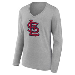 St. Louis Cardinals Women's Core Official Logo Long Sleeve V-Neck T-Shirt - Heather Gray - MLB Lifestyle