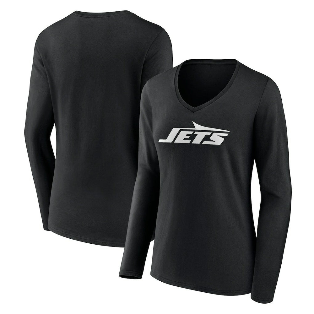 New York Jets Women's Primary Team Logo Long Sleeve V-Neck T-Shirt Black