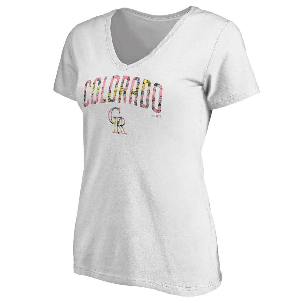 Colorado Rockies Women's Floral Arched Logo V-Neck T-Shirt - White - MLB Sale