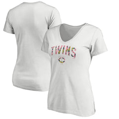Minnesota Twins Women's Floral Arched Logo V-Neck T-Shirt - White - MLB on Sale