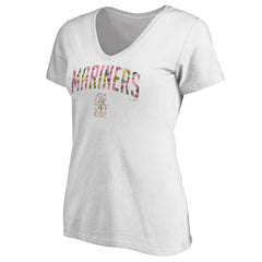 Seattle Mariners Women's Floral Arched Logo V-Neck T-Shirt - White - MLB Sale