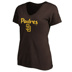 San Diego Padres Women's #1 Mom Logo V-Neck T-Shirt - Brown - MLB on Sale