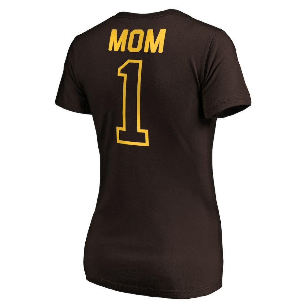 San Diego Padres Women's #1 Mom Logo V-Neck T-Shirt - Brown - MLB on Sale