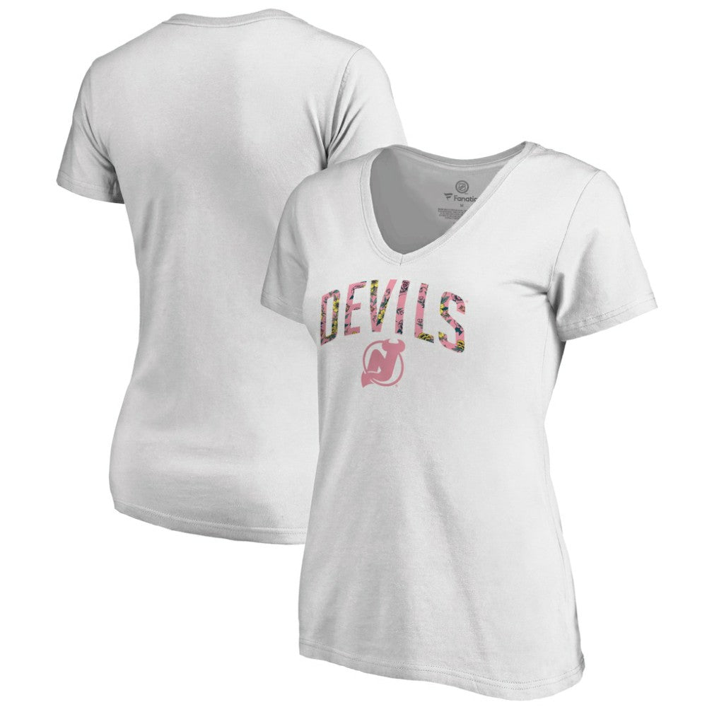 New Jersey Devils Women's Floral Arched V-Neck T-Shirt - White - NHL 3894273