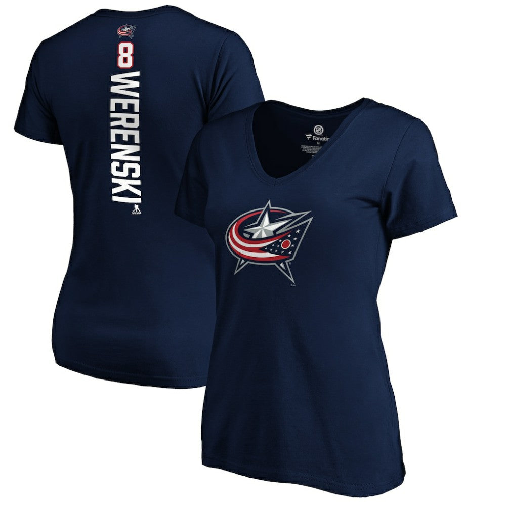 Zach Werenski Columbus Blue Jackets Women's Playmaker V-Neck T-Shirt - Navy - NHL 3908197