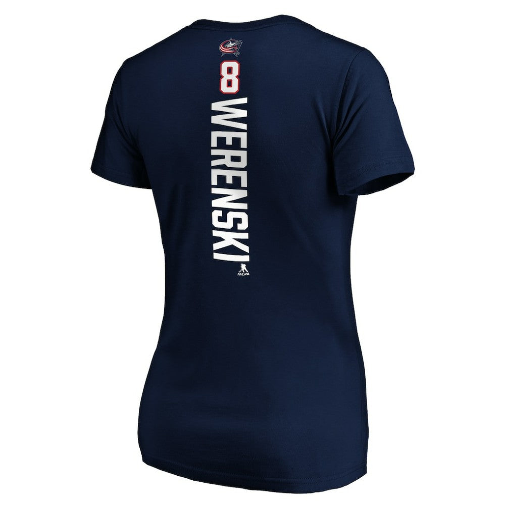 Zach Werenski Columbus Blue Jackets Women's Playmaker V-Neck T-Shirt - Navy - NHL 3908197
