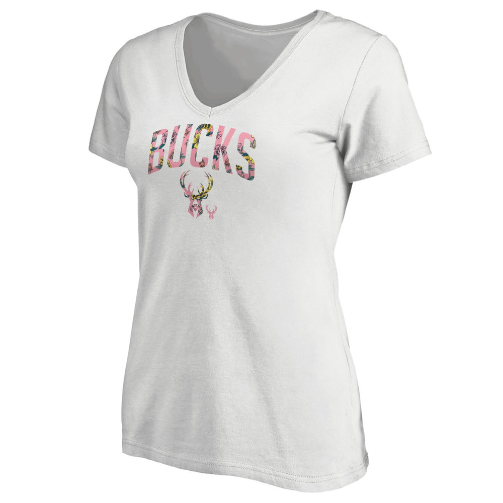 Milwaukee Bucks Women's Floral Arch V-Neck T-Shirt White