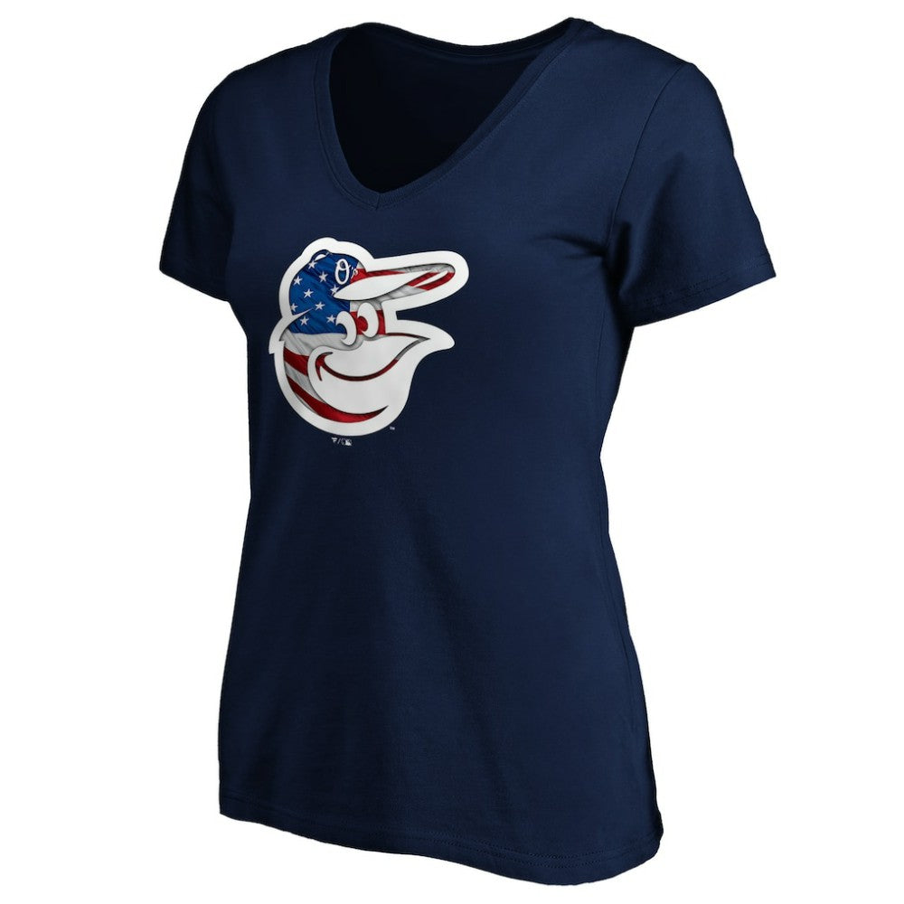 Baltimore Orioles Logo Women's Banner Wave V-Neck T-Shirt - Navy - MLB on Sale