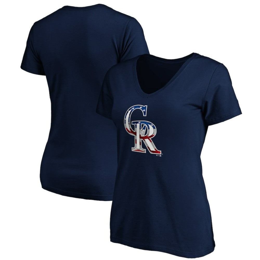 Colorado Rockies Logo Women's Banner Wave V-Neck T-Shirt - Navy - MLB Discount