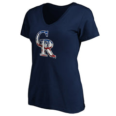 Colorado Rockies Logo Women's Banner Wave V-Neck T-Shirt - Navy - MLB Discount