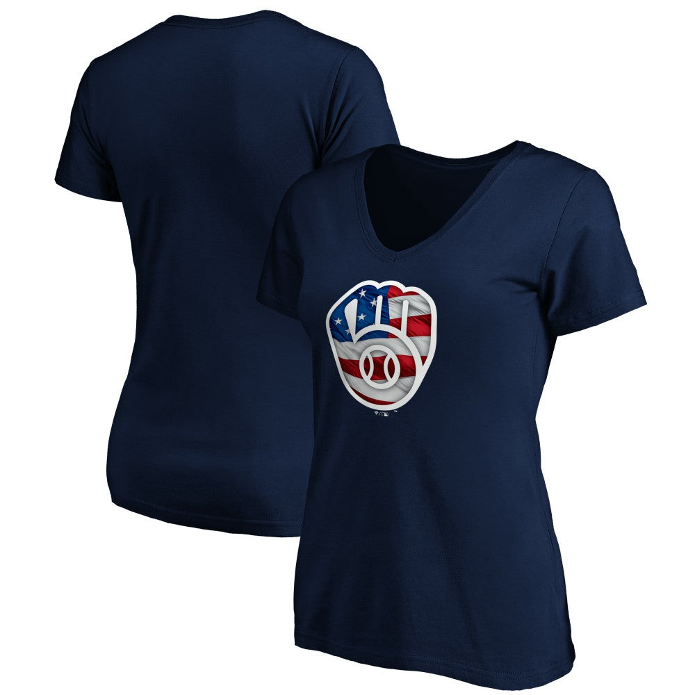 Milwaukee Brewers Logo Women's Banner Wave V-Neck T-Shirt - Navy - MLB Online
