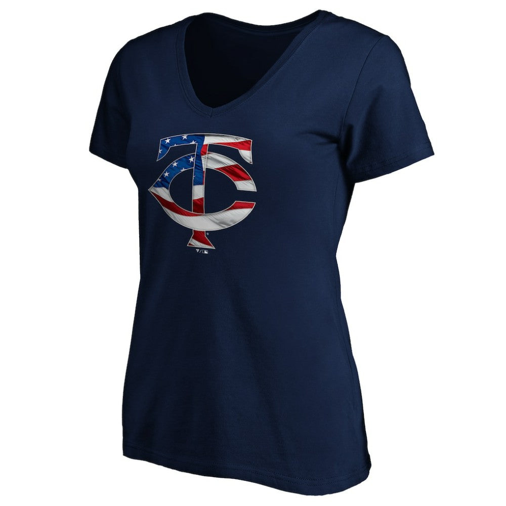 Minnesota Twins Logo Women's Banner Wave V-Neck T-Shirt - Navy - MLB Online
