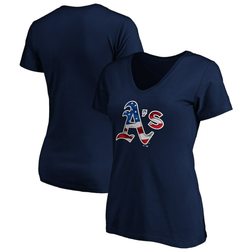 Athletics Logo Women's Banner Wave V-Neck T-Shirt - Navy - MLB Lifestyle