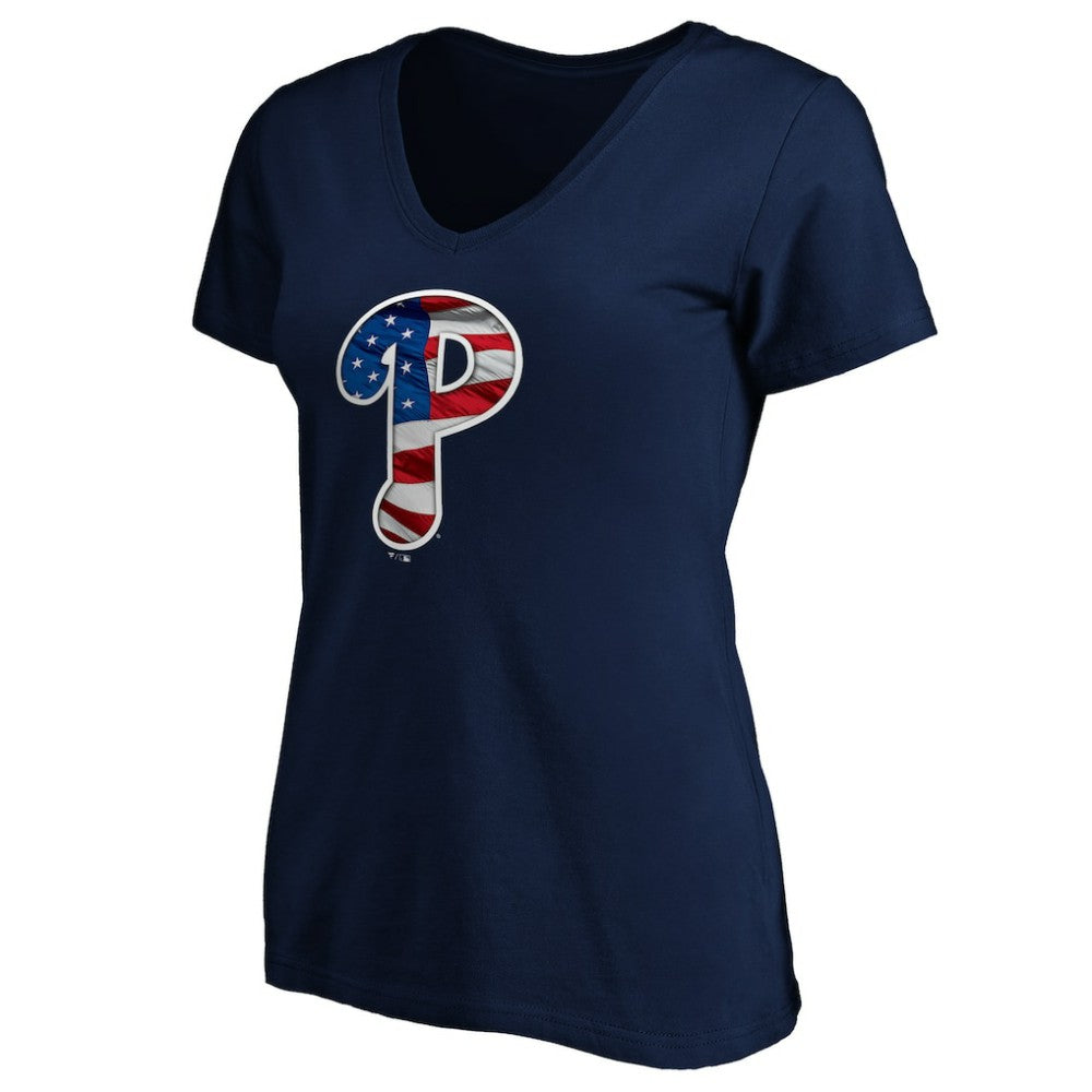 Philadelphia Phillies Logo Women's Banner Wave V-Neck T-Shirt - Navy - MLB Lifestyle