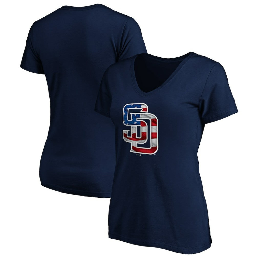 San Diego Padres Logo Women's Banner Wave V-Neck T-Shirt - Navy - MLB Sale