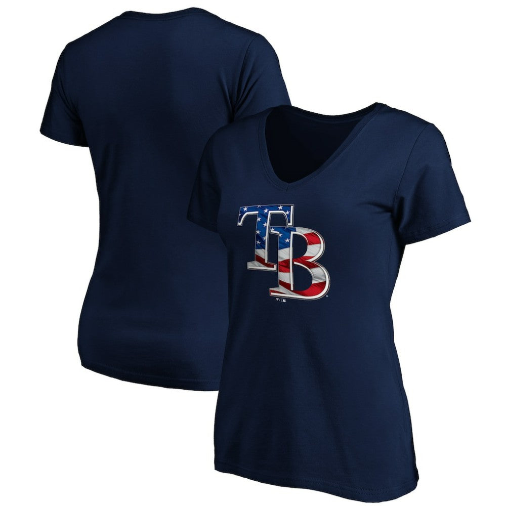 Tampa Bay Rays Logo Women's Banner Wave V-Neck T-Shirt - Navy - MLB Online