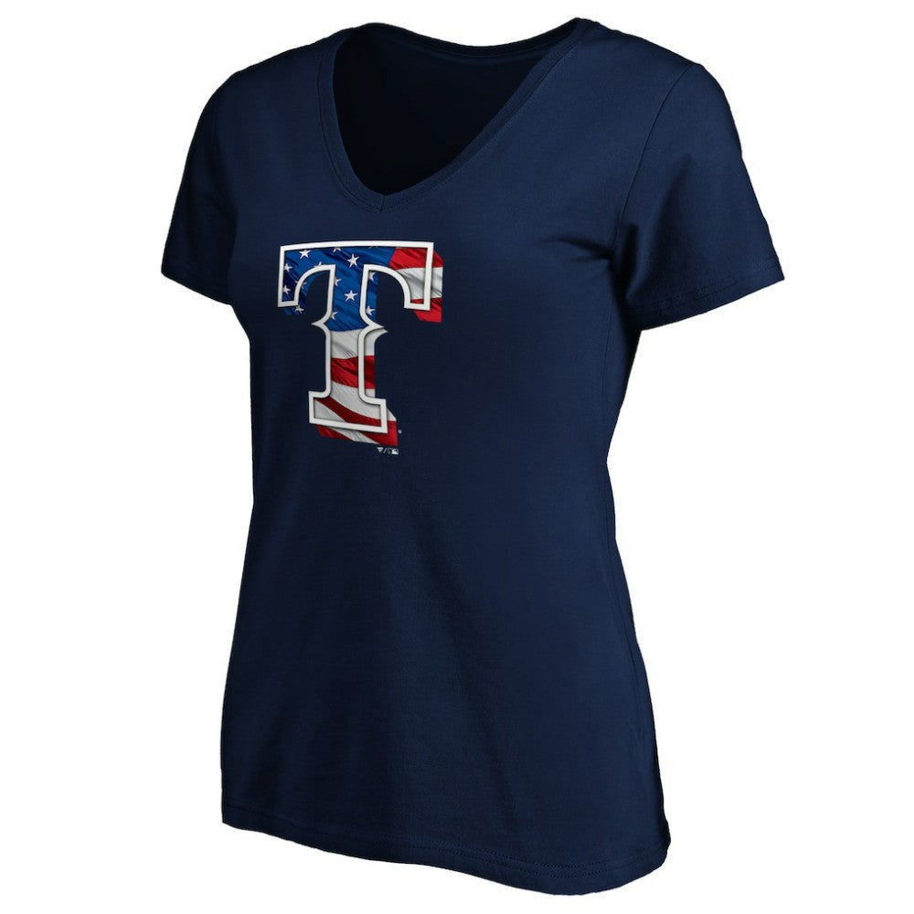 Texas Rangers Logo Women's Banner Wave V-Neck T-Shirt - Navy - MLB Sale
