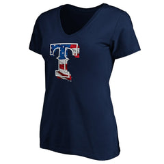 Texas Rangers Logo Women's Banner Wave V-Neck T-Shirt - Navy - MLB Sale