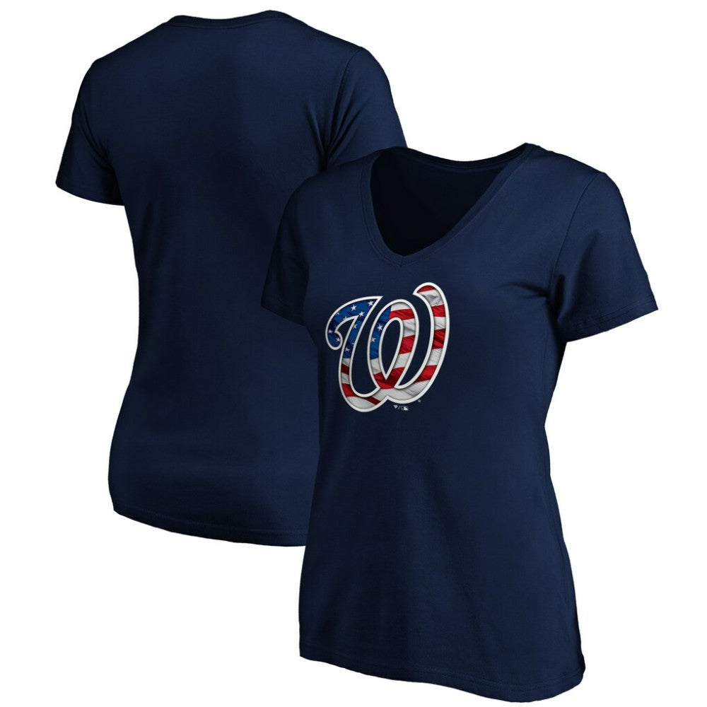 Washington Nationals Logo Women's Banner Wave V-Neck T-Shirt - Navy - MLB on Sale