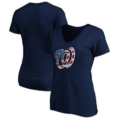 Washington Nationals Logo Women's Banner Wave V-Neck T-Shirt - Navy - MLB on Sale