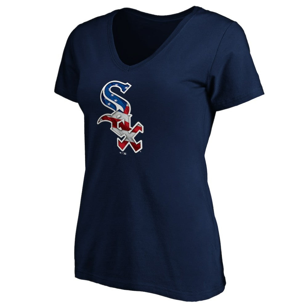 Chicago White Sox Logo Women's Banner Wave V-Neck T-Shirt - Navy - MLB on Sale