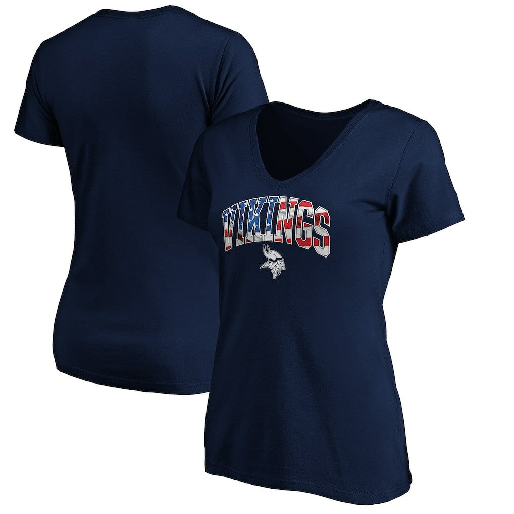 Minnesota Vikings Logo Women's Banner Wave V-Neck T-Shirt Navy