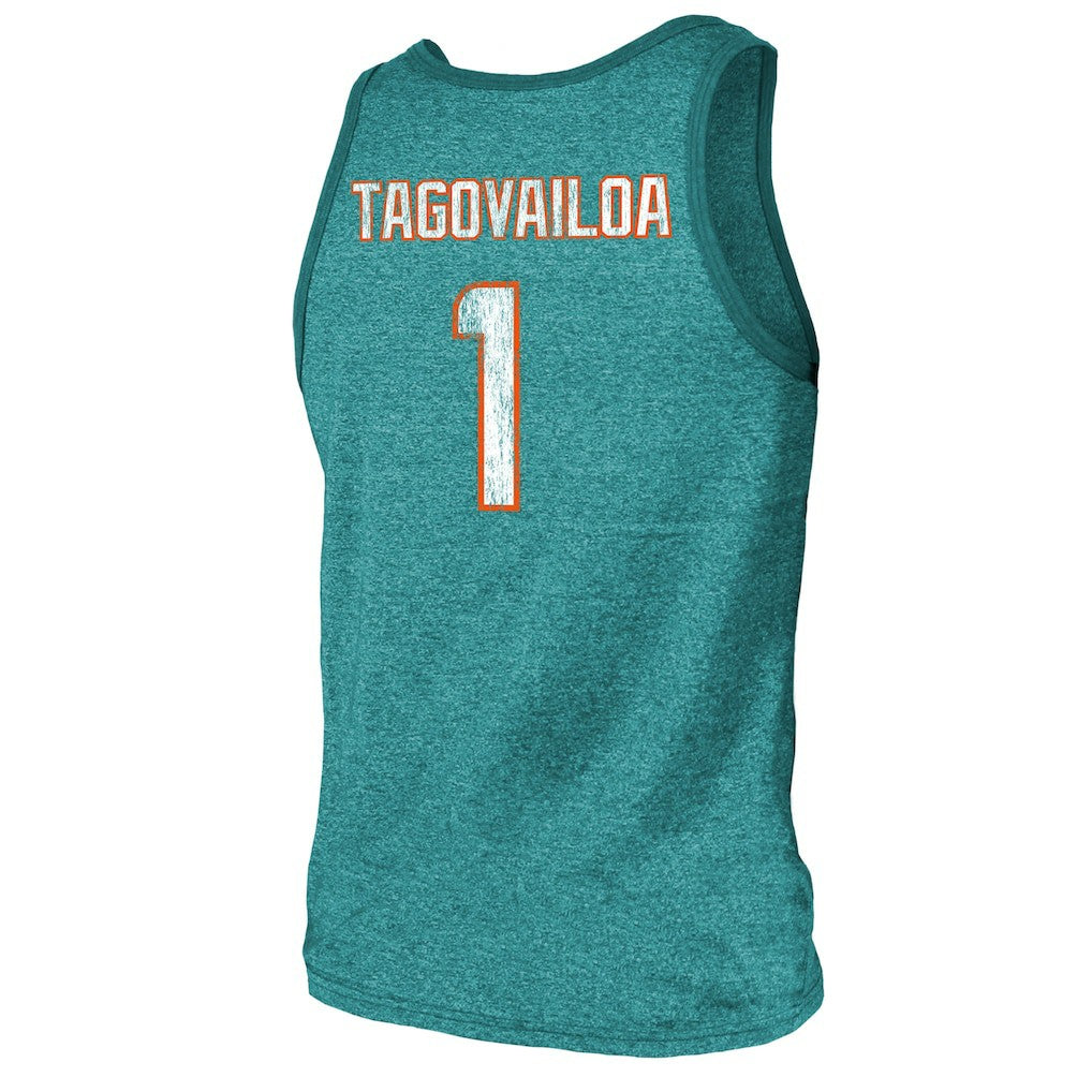 Tua Tagovailoa Miami Dolphins Majestic Threads Name & Number Tri-Blend Tank Top Aqua