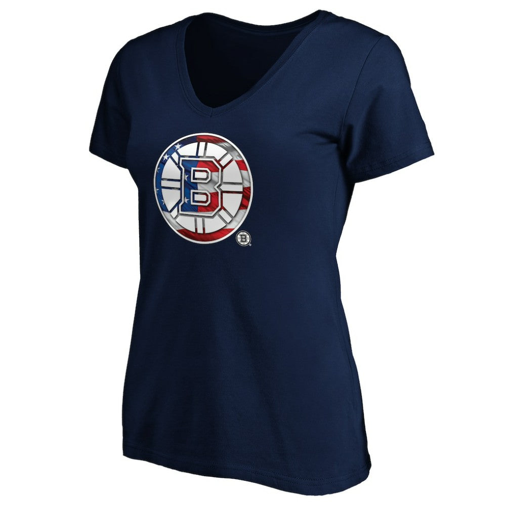 Boston Bruins Women's Banner Wave Logo V-Neck T-Shirt T-Shirt - Navy - NHL 3930378