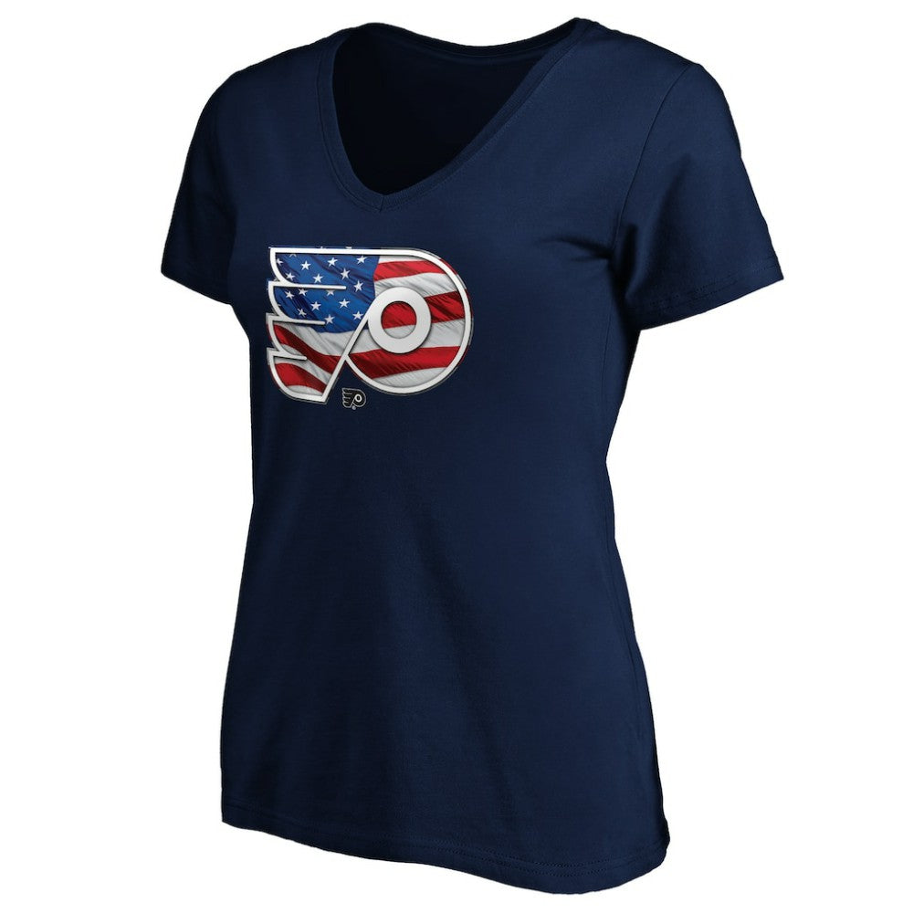 Philadelphia Flyers Women's Banner Wave Logo V-Neck T-Shirt T-Shirt - Navy - NHL 3930392